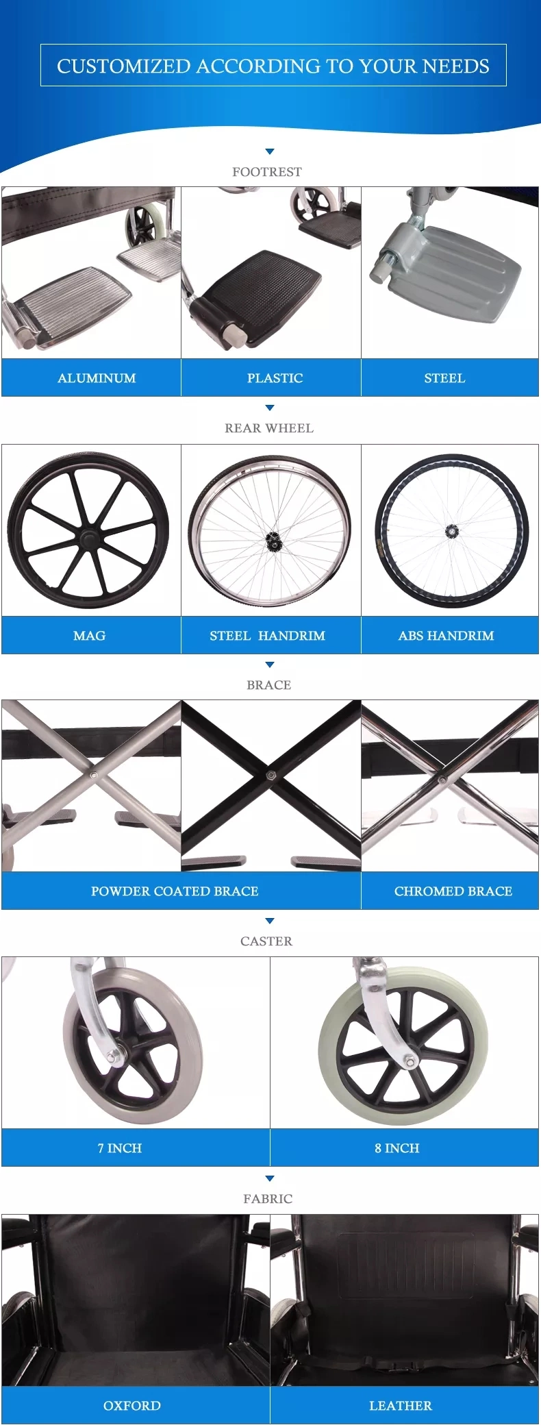 Folding Steel Manual Wheelchair with Powder Coated Frame