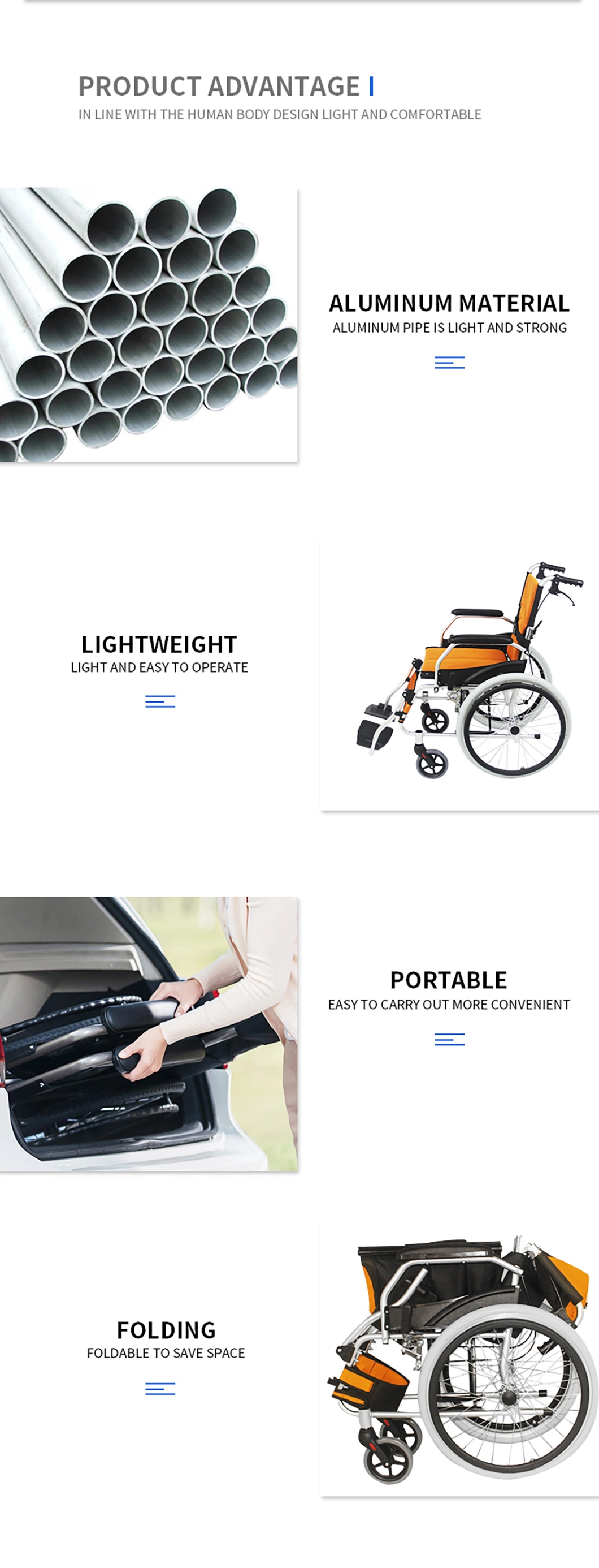 Portable Lightweight Aluminum Transport Manual Wheelchair for Disabled and Elderly